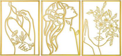3 Pcs Gold Wall Decor Above Bed Minimalist for Living Room Metal Line Art - Female Body, Gold Room Decor for Bedroom Modern Wall Art for Indoor 15inch