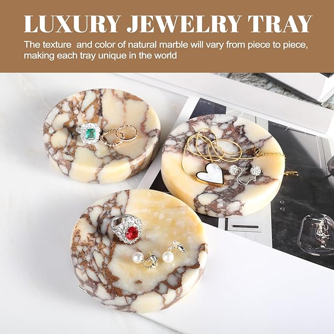 Koville Luxury Italy Calacatta Viola Marble Jewelry Dish, Small Round Trinket Dish for Ring Necklace Earring, 4" Decorative Tray, Aesthetic Home Table Marble Decor