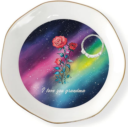 HOME SMILE Mother's Day Gifts for Nana From Grandkids Unique - I Love You Grandma Jewelry Ring Dish Tray with Dynamic Pattern Shifts for Grandmother