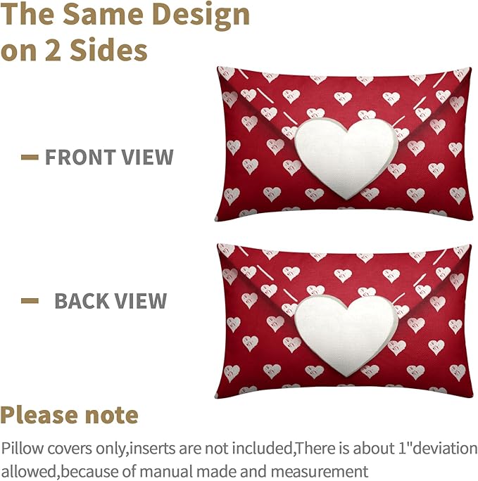 Valentines Day Pillow Covers 12x20 Set of 2 White Red Heart Throw Pillow Covers Love Pillowcase Linen Decoration Farmhouse Holiday Cozy Soft Cushion Case Couch for Indoor Outdoor Home Decor