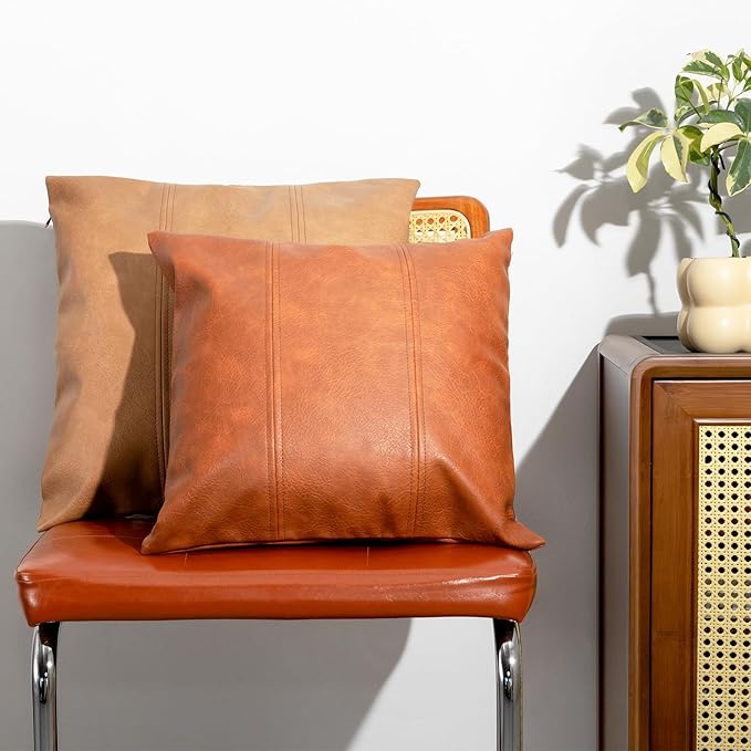 Faux Leather Throw Pillow Covers 20X20 Inch Set of 2 Brown Outdoor Modern Farmhouse Solid Decorative Pillow Covers for Room Couch Living Bedroom Bed Sofa