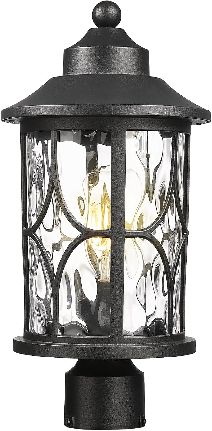 zeyu 17 Inch Black Outdoor Post Lights, Modern Exterior Pole Light, Lamp Posts Outdoor Lighting for Garden Patio, Die-Cast Aluminum with Clear Water Ripple Glass, ZX48MP-WG BK
