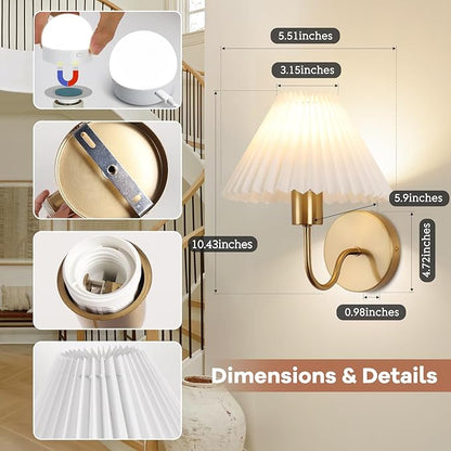 Wireless Wall Sconce Sets of 2, Pleated Shades Rechargeable Battery Operated Wall Sconce, Retro gooseneck Gold Wall Lights Bathroom Vanity Sconces, Wall Mounted Lamps for Bedroom Living Room Kitchen