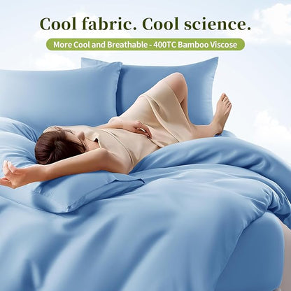 Shilucheng 100% Viscose Derived from Bamboo_ Sheets Cal King Size 4pcs - Ultra Cooling & Silky Soft Bed Sheets, 16" Deep Pocket, Perfect for Hot Sleepers, Hotel Bedding Sheets(Lake Blue)