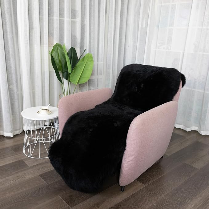 Genuine Sheepskin Rug New Zealand Fluffy Lambskin Rug, Natural Luxury Sheepskin Throw for Bedroom Living Room Children's Room - Premium Area Rug Chair Cover (2×6 Feet, Black)