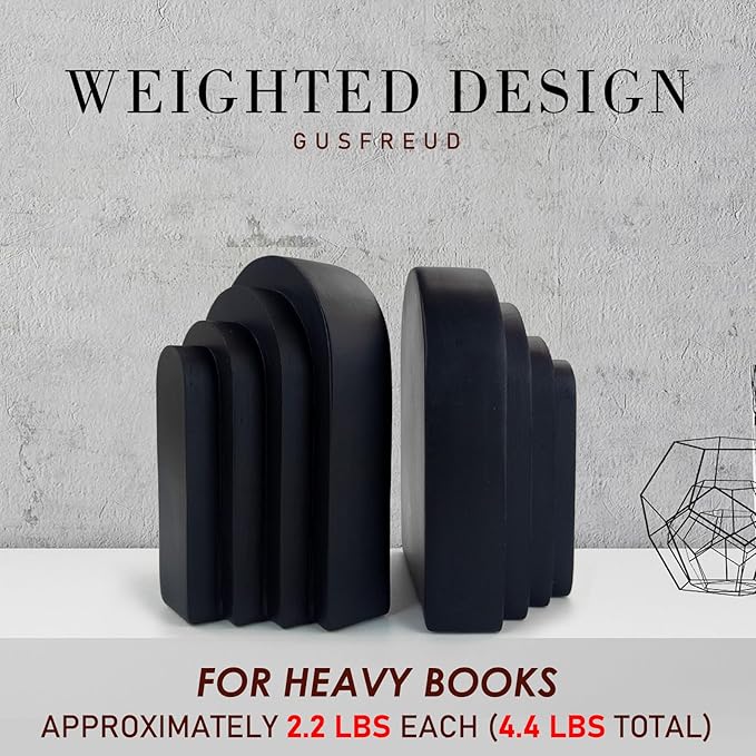 Book Ends for Heavy Books, Resin Decorative bookends, Heavy Duty Bookend for Shelves, Book Stopper for Shelves, Modern Home Decor Aesthetic Book Ends, Layered Arch Design Set of 2(Matte Black)