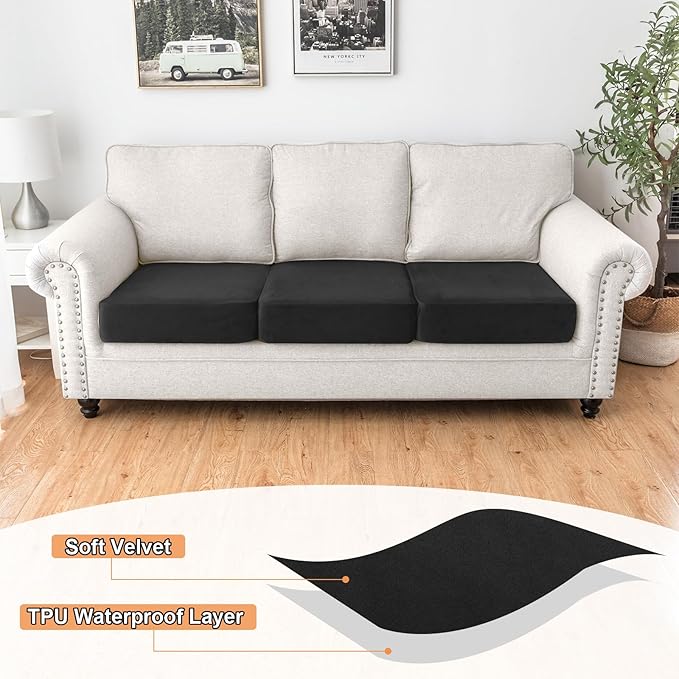 NAISI Waterproof Couch Cushion Covers Thick Velvet Fabric Washable Sofa Slipcovers 3 Pieces Individual Sectional Couch Covers with Elastic Bottom(3 Pcs for 3-Seat or Backrest,Black)
