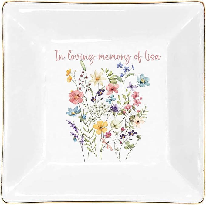 Gossby Personalized Jewelry Tray - Gift for Women, Mom, Friend with Birth Month Flower, Name - Ceramic Trinket Tray, Dish, Plate for Ring, Earring, Bracelet - Gift Mothers Day, Birthday, Christmas V2