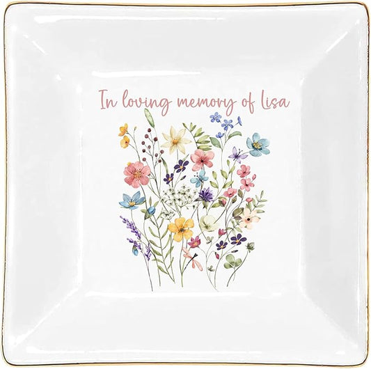 Gossby Personalized Jewelry Tray - Gift for Women, Mom, Friend with Birth Month Flower, Name - Ceramic Trinket Tray, Dish, Plate for Ring, Earring, Bracelet - Gift Mothers Day, Birthday, Christmas V2