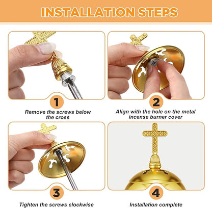 Zonon Catholic Incense Burner with Tong Charcoal Polished Metal Brass Censer Holder Christian Church Censer Burner Holder Cones Cross 7. 9" Aromatherapy Fragrance Ornament(Gold)