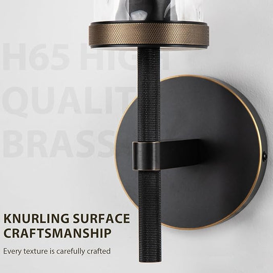 15" Knurled Brass Wall Sconce with Water Ripples Glass Tube, Black Gold Bathroom Vanity Light Fixtures, Modern Lamp Lighting for Bedroom, Living Room, Hallway, Staircase, Mirror, Kitchen