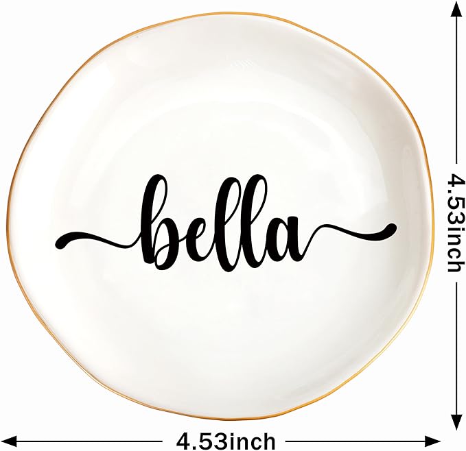JoycuFF Bella Personalized Name Ceramic Jewelry Tray, Mothers Day Christmas Anniversary Engagement Birthday Gifts for Women Couples, Trinket Dish for Rings Earrings Necklaces Bracelets Keys