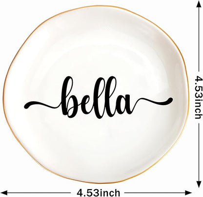 JoycuFF Bella Personalized Name Ceramic Jewelry Tray, Mothers Day Christmas Anniversary Engagement Birthday Gifts for Women Couples, Trinket Dish for Rings Earrings Necklaces Bracelets Keys