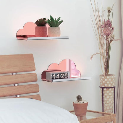 NiHome 2-Pack Rose Gold Mirror Finish Cloud-Shaped Acrylic Floating Shelves - Stylish Wall Decor for Bedrooms, Bathroom Vanity & More - Versatile Mirrored Shelves for Decorative Display and Storage