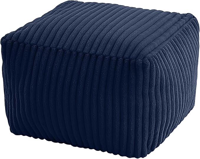 MeMoreCool Square Stuffed Pouf Ottoman Foot Rest, Stripe Furry Floor Pouf Foot Stool with Foam Chunk Filling, Soft Fluffy Stuffed Ottoman Footrest for Living Room, Faux Fur Navy