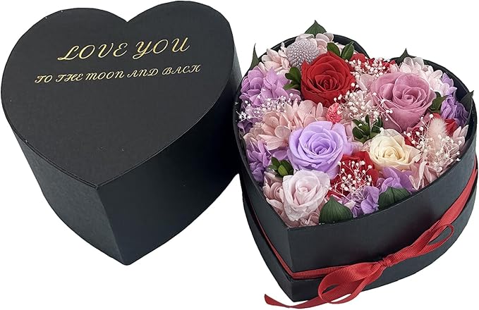 Preserved Roses Heart Shape Box Valentines Day Gifts for Her Mothers Day Forever Flowers (Multicolor-red, One Size)