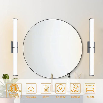 24.8Inch 2500LM Bathroom Light Fixtures 5CCT Optional, Black Modern LED Vanity Lights Clear Shade, Dimmable Bathroom Lighting Fixtures Over Mirror - ETL Listed