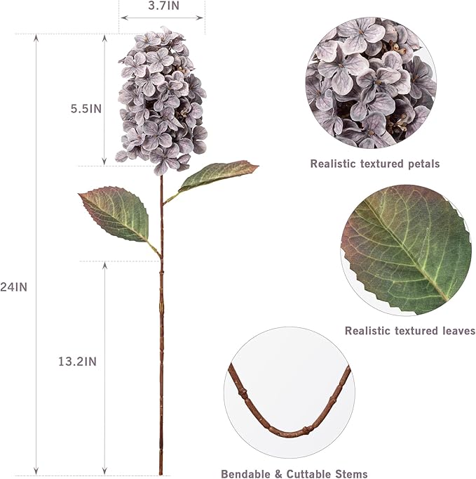 Fake Flowers Hydrangea Silk Flowers with Stems, Fake Grayish Hydrangea Artificial Flowers Winter Flowers Artificial for Decoration Vase Decor 24"（Grayish Purple ） 8PCS Wthout Vase