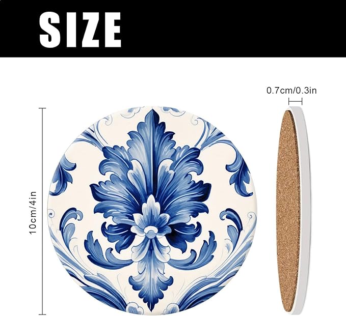 Ceramic Drinking Coasters Set of 4,Water Absorbent Marble Ceramic Coasters Tabletop Protection,Blue Watercolor Texture Elements China Flower,Suitable for Various Cups,Home Decor，4 Inch