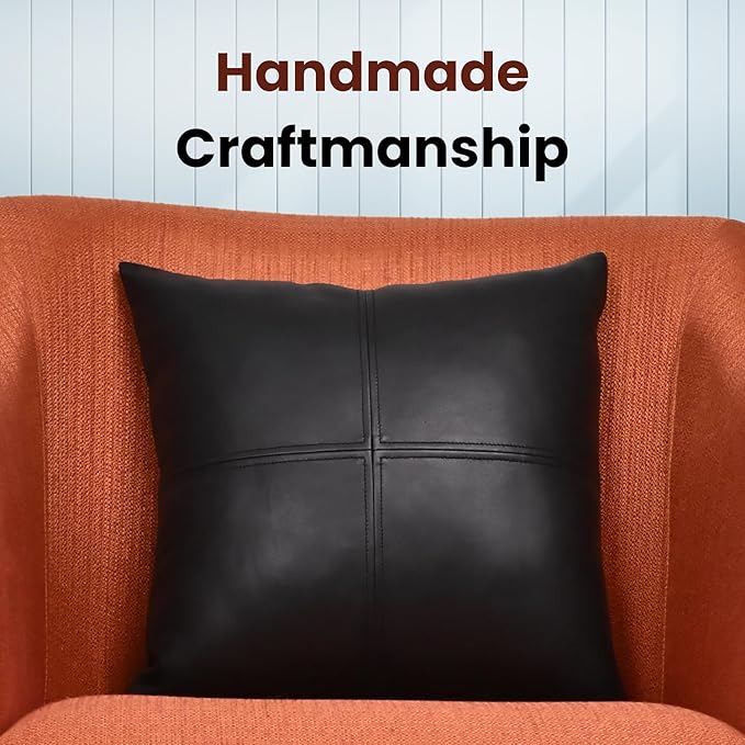 LL LEATHER LOVERS Lambskin Leather Pillow Cover, Hand Panel Stitched Leather Decorative Throw Pillow Covers for Couch Sofa Bed Living Room Garden (16x16 Inches, Black Pack of 2)