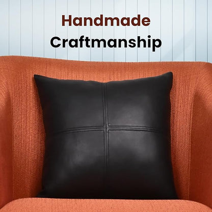 LL LEATHER LOVERS Lambskin Leather Pillow Cover, Hand Panel Stitched Leather Decorative Throw Pillow Covers for Couch Sofa Bed Living Room Garden (16x16 Inches, Black Pack of 2)
