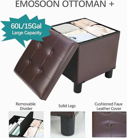 18 Inches Cube Storage Ottoman, Faux Leather Collapsible Square Folding Ottoman Furniture with Storage for Living Room Bedroom, Foot Rest Foot Stool with Legs, Brown 18x18x18 Inches
