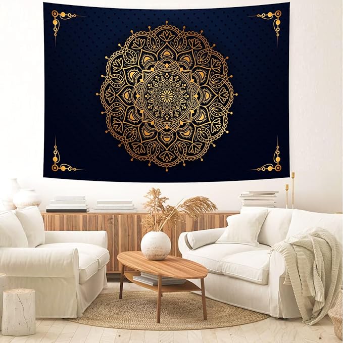 Delur Mandala Tapestry Aesthetic Boho Gold Floral Medallion Tapestry Wall Hanging Bohemian Wall Art Indian Hippie Psychedelic Headboard for Bedroom Living Room Home Decor (59.1" x 78.7")