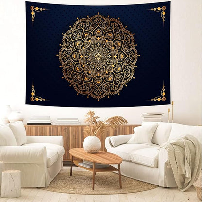 Delur Mandala Tapestry Aesthetic Boho Gold Floral Medallion Tapestry Wall Hanging Bohemian Wall Art Indian Hippie Psychedelic Headboard for Bedroom Living Room Home Decor (70.8" x 92.5")