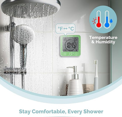 KADAMS Shower Clock Waterproof Bathroom Timer – Digital Wall Clock with Countdown, Magnetic Kitchen Clock with Temperature & Humidity, Suction Cup for Kids Shower Spa Cook Bath (Green)