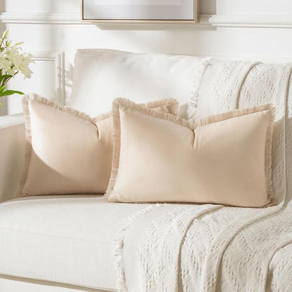 FUTEI Beige Velvet Decorative Throw Pillow Covers 12x20 Set of 2,Soft Cozy Edge with Tassels Lumbar Pillow Cases,Boho Modern Home Decor for Couch Bed Living Room