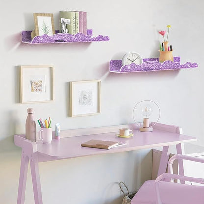 Rainbow Glitter Acrylic Floating Shelves, 15.7" Wall Mounted Nursery Bookshelves, Display Ledge for Books Toys Cosmetic Storage, Bathroom Bedroom Living Room Wall Organizer, 4 Pack, Purple