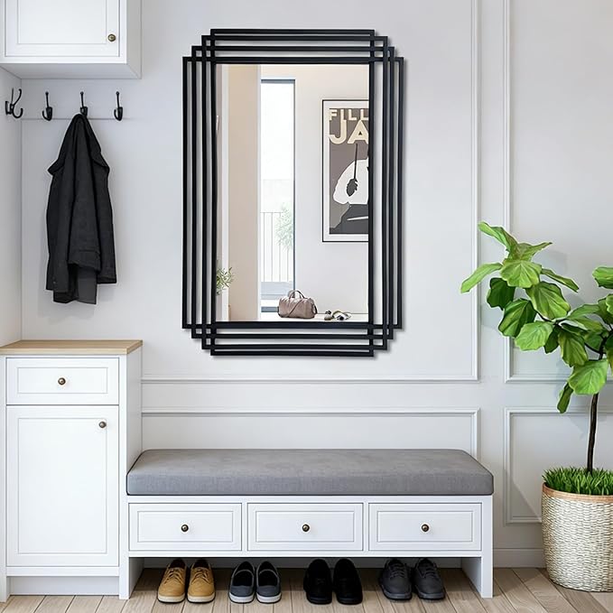 Rectangle Vanity Mirror, 24"x36" Geometric Wall Mirror with Black Metal Frame, Modern Elegant Art Mirrors for Living Room Bathroom Bedroom Entryway Hallway, Hangs Vertically or Horizontally