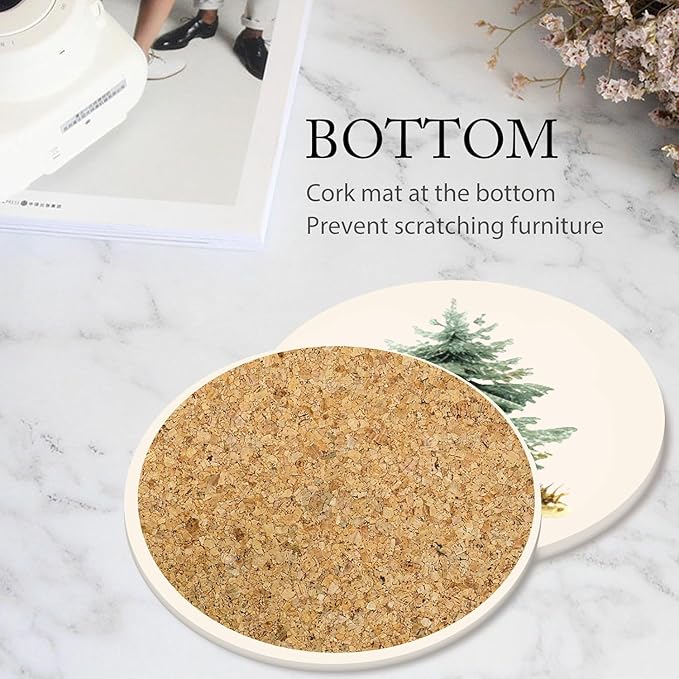 Boho Set of 6 Coasters for Drinks Absorbing Round Ceramic Stone Coaster with Cork Base,Tabletop Protection Mat for Mugs and Cups,Office,Kitchen (Forest)