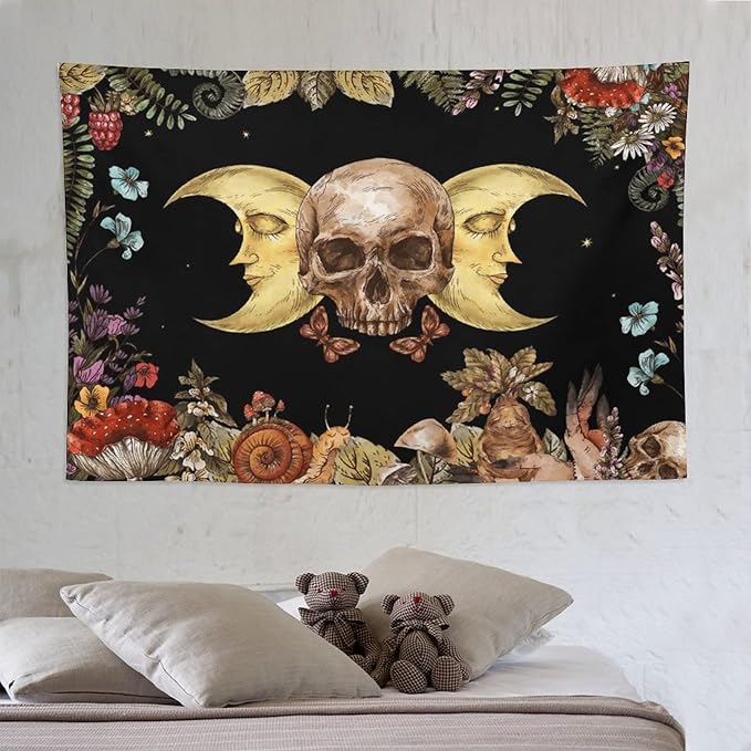 Boho Moon Skull Tapestry,Vintage Sun Moon Hippie Mushroom Floral Plant Tapestries Wall Hanging for Dorm Living Room Bedroom Decor(60"x90")