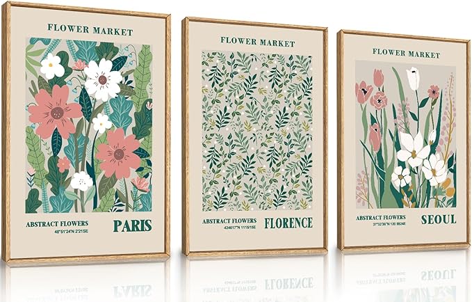HLNIUC Flower Market Wall Art Prints, Boho Floral Wall Decor, Large Matisse Sage Green 24"x36" Framed Art Set of 3, Abstract Colorful Botanical Painting for Living Room, Bedroom, Office