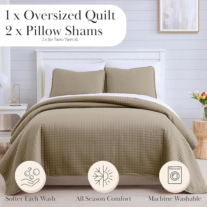 Southshore Fine Living, Inc. Oversized King Quilt Bedding Set, Taupe Quilt California/King Size Bedspread with 2 Matching Pillow Shams, Microfiber Soft & Cozy Bedding Coverlet, Taupe
