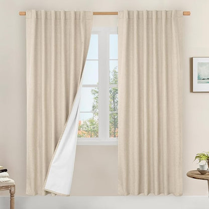 LAMIT 100% Blackout Natural Linen Curtains, 78 Inches Linen Textured Thermal Bedroom Curtains Back Tab and Rod Pocket Neutral Panels with White Liner for Farmhouse, 2 Panels, 52 x 78 Inch, Linen