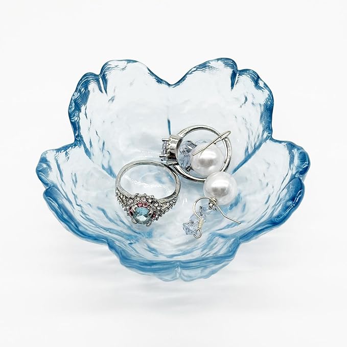 Glass Jewelry Dish Tray, Crystal Ring Holder Dish, Small Ring Dishes for Women Engagement Gift, Flower Trinket Bowl Jewerly Tray, Decorative Jewely Bowl, Jewlery Plate (Crystal Blue)