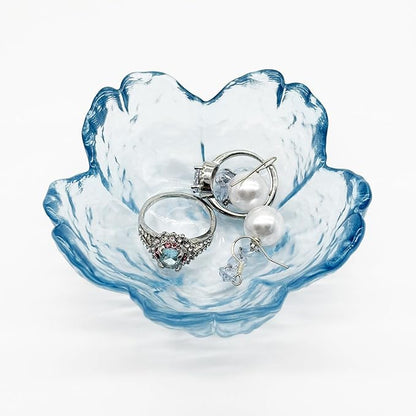 Glass Jewelry Dish Tray, Crystal Ring Holder Dish, Small Ring Dishes for Women Engagement Gift, Flower Trinket Bowl Jewerly Tray, Decorative Jewely Bowl, Jewlery Plate (Crystal Blue)