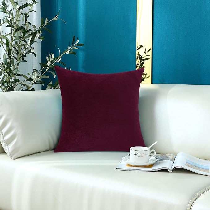 mixeoo Comfy Burgundy Red Throw Pillow Covers Decorative Square Solid Thick Velvet Super Soft Cushion Cases Home Decor for Sofa Couch Living Room Chair, Set of 1, 24 x 24 Inch