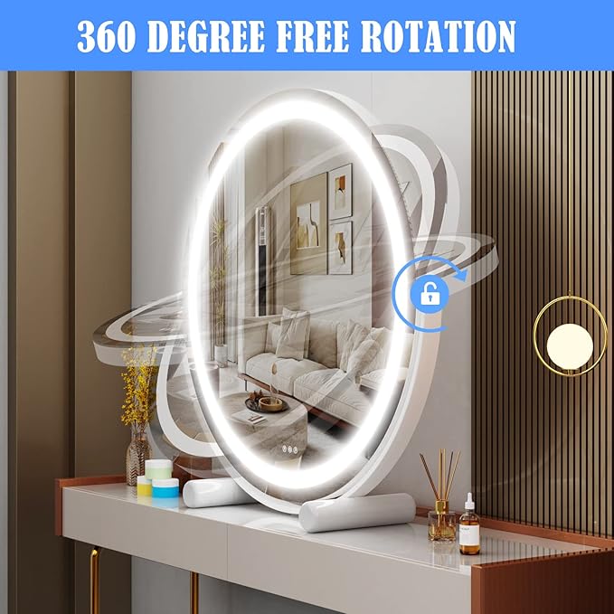 12" Round Vanity Mirror, LED Lights, Smart Touch 360°Rotation, Dimmable White