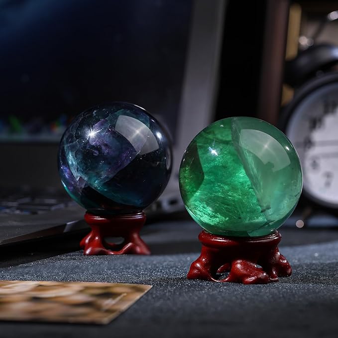 Nupuyai Natural Green Flourite Crystal Ball with Resin Stand, Healing Crystal Sphere for Home Decor 2.01"-2.36"(51mm-60mm)