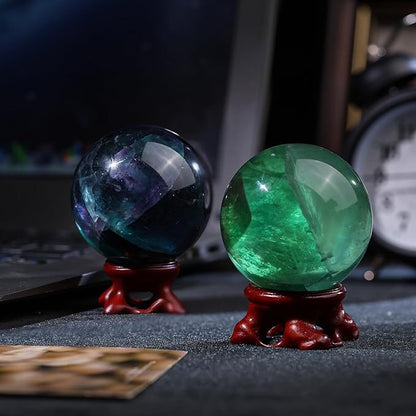 Nupuyai Natural Green Flourite Crystal Ball with Resin Stand, Healing Crystal Sphere for Home Decor 2.01"-2.36"(51mm-60mm)