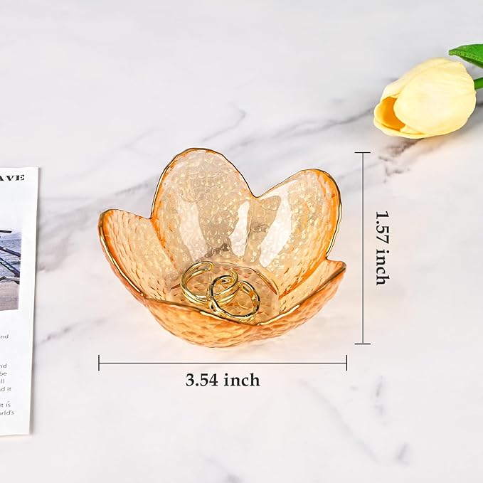 Koythin 2-Piece Glass Jewelry Tray, Small Trinket Holder for Necklace Bracelet Earring, Ring Holder for Bathroom, Aesthetic Trinket Dish, Flower Nightstand Decor for Girl Mom Women (Amber)