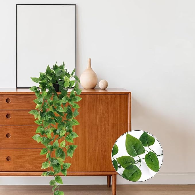 BLEUM CADE Fake Hanging Plants, 4pcs Artificial Hanging Plant, Faux Pothos Vines Greenery for Wall Home Living Room Office Indoor Outdoor Decor (No Baskets)