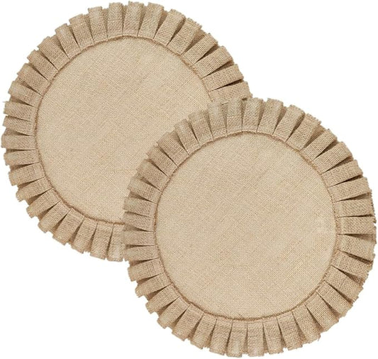 2Pcs Round Woven Jute Placemats with Ruffled Edges Retro Rustic Insulated Table Mats Non-Slip Decorative Place Mats for Dining Kitchen Parties and Restaurants