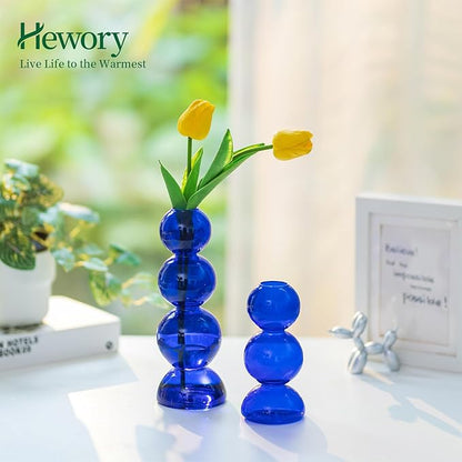 Glass Bubble Vases for Flowers, Hewory 2pcs Blue Unique Cute Single Flower Vase for Centerpieces, Funky Aesthetic Vase Skinny Bud Vase, Cool Groovy Decor for Home Living Room Bedroom Office Tabletop