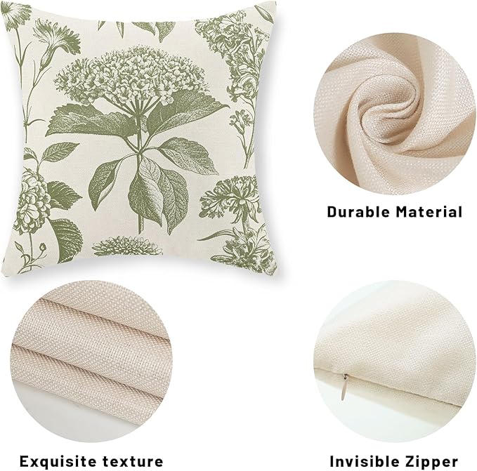 Sage Green Pillow Covers 22x22 Set of 2 Boho Floral Hydrangea Herbs Botanical Throw Pillow Cover Outdoor Decoration Pillow Cases Vintage Flower Linen Cushion Case Decorative for Couch Sofa