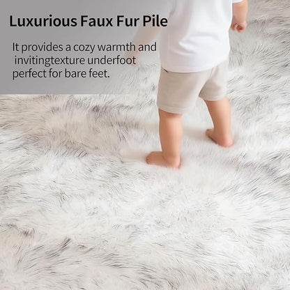 Faux Fur Sheepskin Area Rug for Living Room Bedroom, White with Grey Tips, 6 x 6 Feet Ultra Soft Shaggy Fuzzy Furry Carpet Chair Throw Large Rugs for Kids, Girls, Nursery Room Decor Dorms