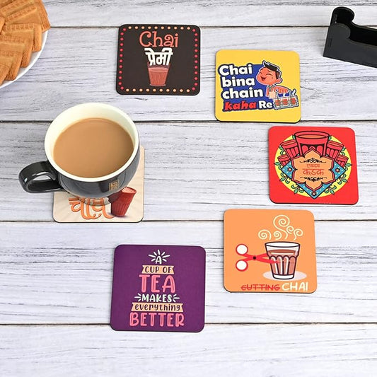 GKD Wooden Coasters for Drinks, MDF Chai/Tea Lover Coasters Set of 6 with Holder, 3.8 inches Eco-Friendly Absorbent Coaster for Coffee Table, Bar, Drinking Glasses, Tabletop Protection